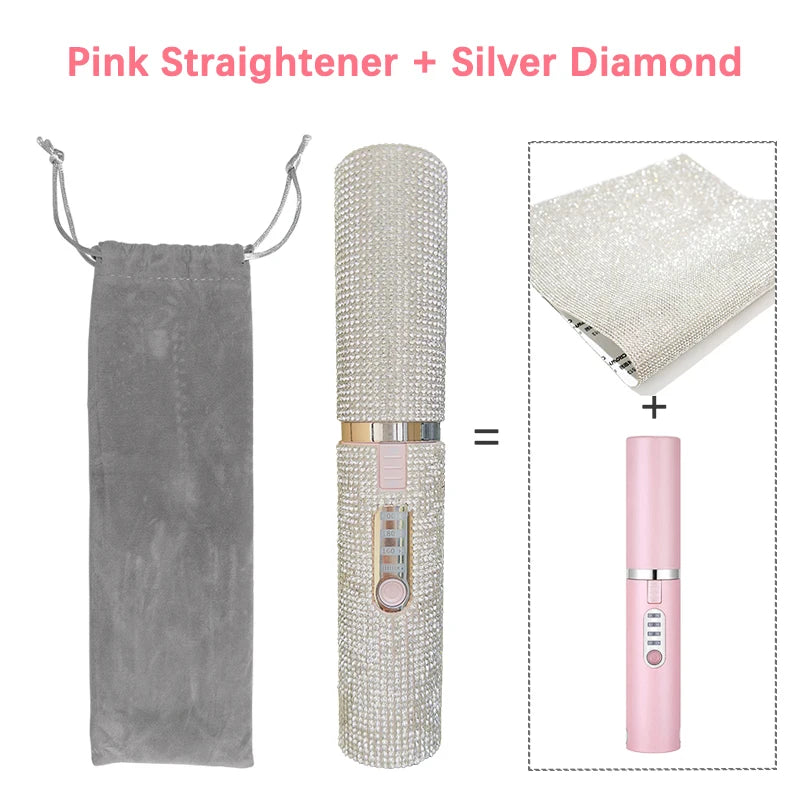 DiamondGlow™ 2-in-1 Wireless Hair Straightener & Curler Brush – USB Rechargeable Travel Styler
