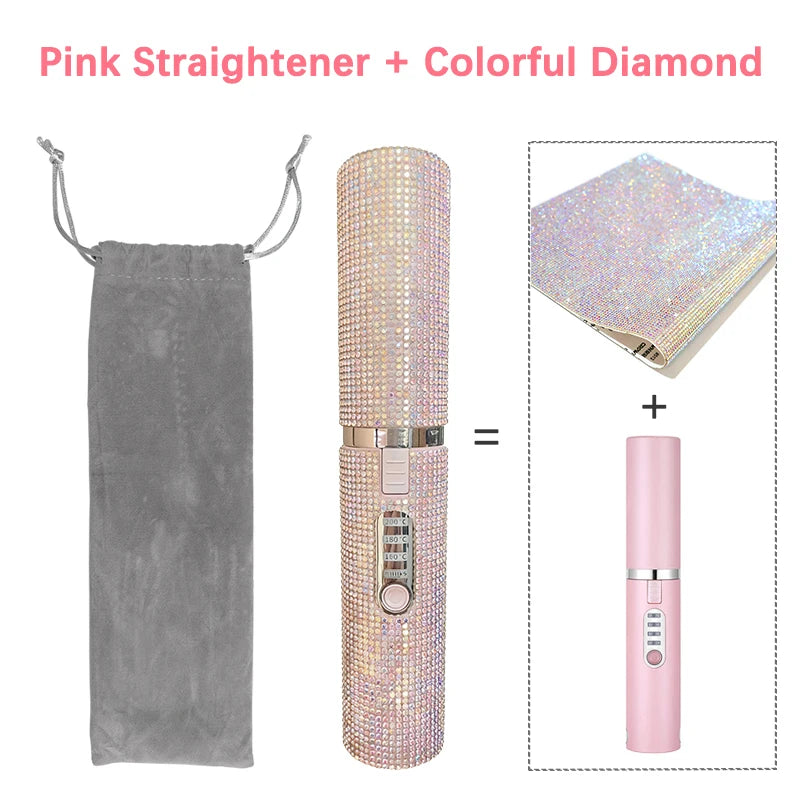 DiamondGlow™ 2-in-1 Wireless Hair Straightener & Curler Brush – USB Rechargeable Travel Styler