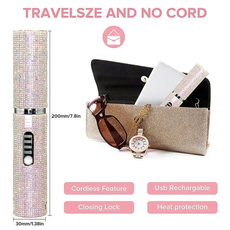 DiamondGlow™ 2-in-1 Wireless Hair Straightener & Curler Brush – USB Rechargeable Travel Styler