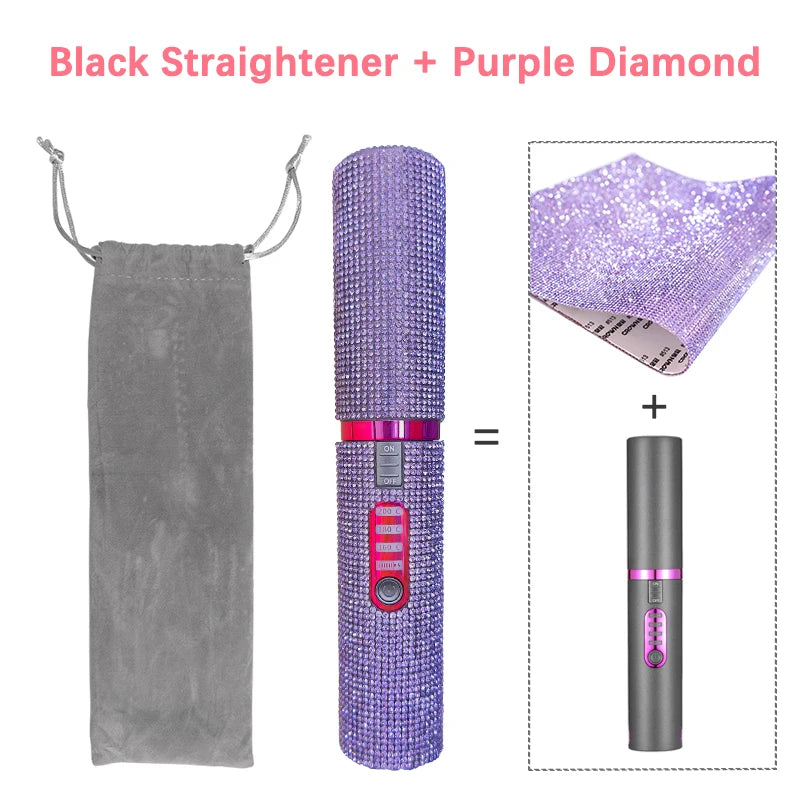 DiamondGlow™ 2-in-1 Wireless Hair Straightener & Curler Brush – USB Rechargeable Travel Styler