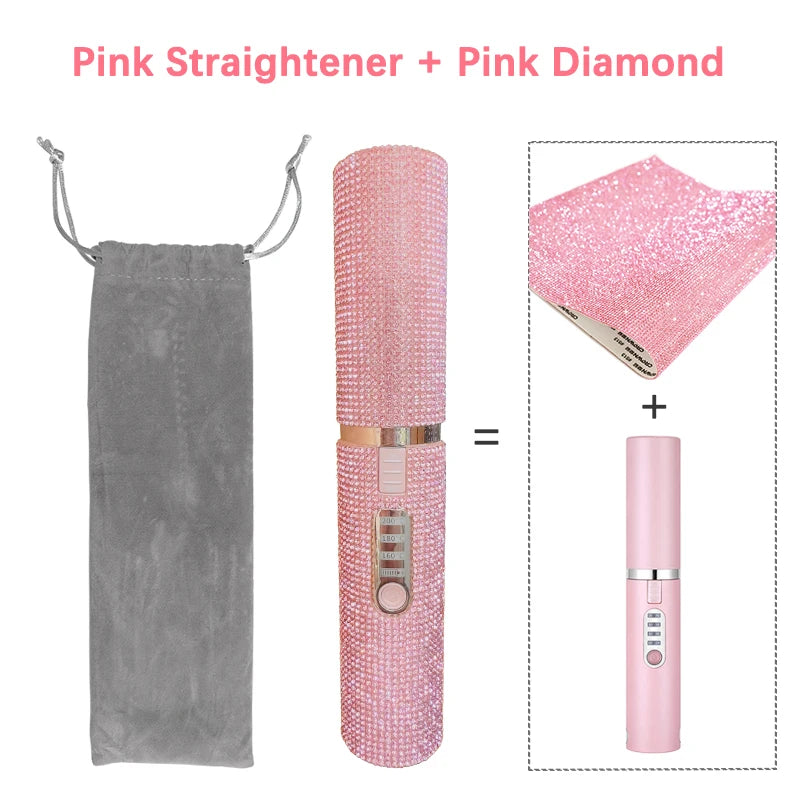 DiamondGlow™ 2-in-1 Wireless Hair Straightener & Curler Brush – USB Rechargeable Travel Styler
